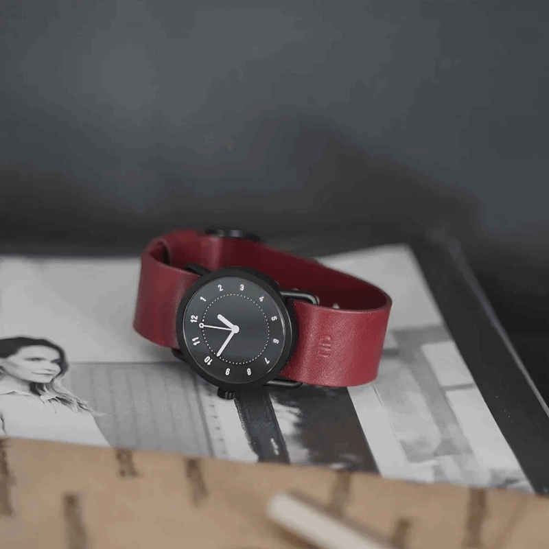 TID No.1 Black Dial / Burgundy Leather Strap / Black Buckle - TID WATCHES