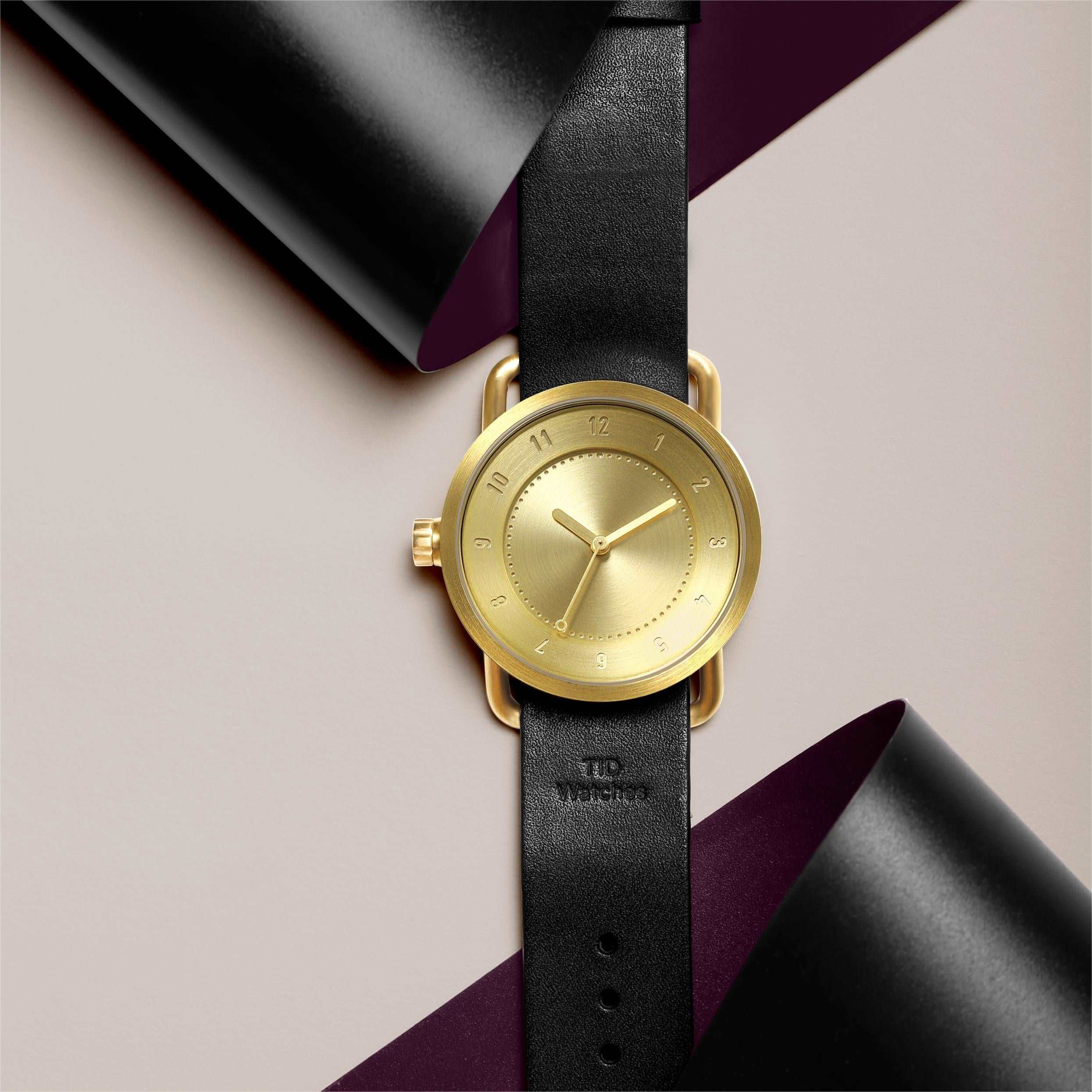 Black leather watch gold face best sale