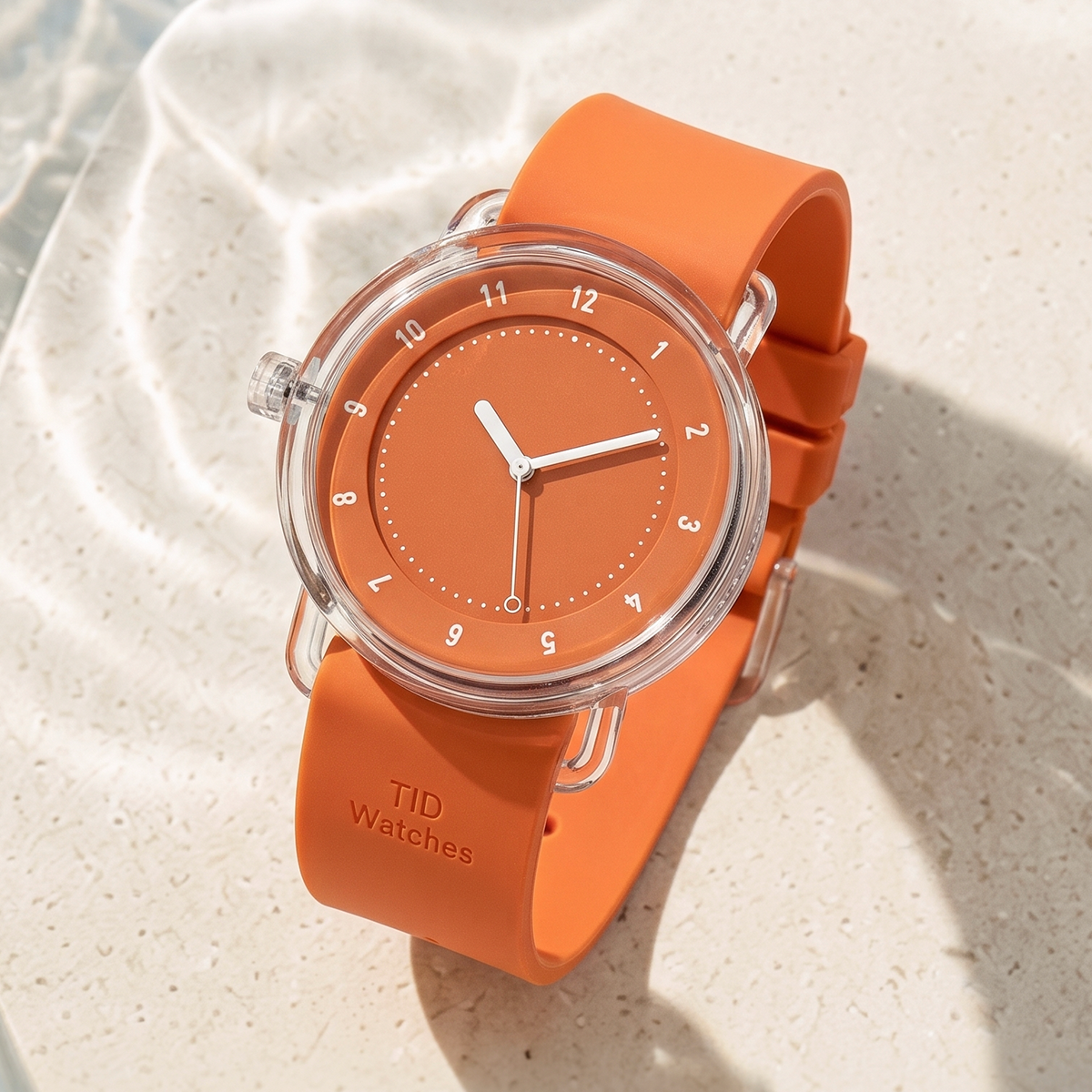 TID No.3 Lightweight Scandinavian Watch – Transparent TR90 Case, Orange Dial & Silicone Strap