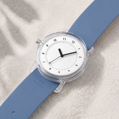TID No.3 Lightweight Scandinavian Watch – Transparent TR90 Case, White Dial & Ocean Blue Silicone Strap