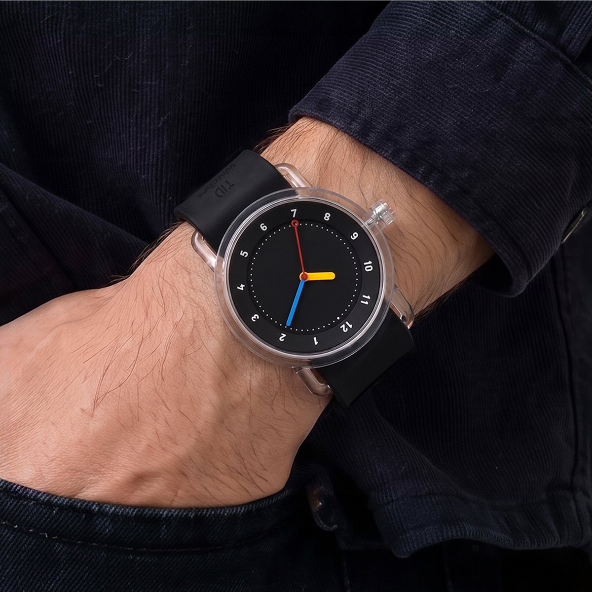 TID No.3 Lightweight Scandinavian Watch – Transparent TR90 Case, Black Dial & Silicone Strap