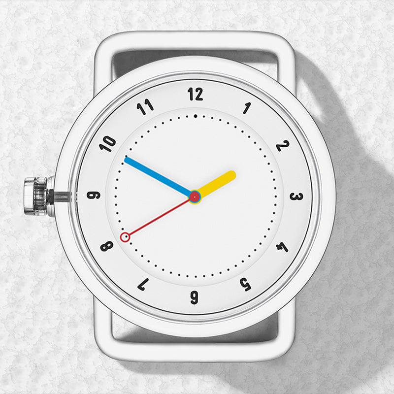 Close-up of TID No.3 white dial watch head with transparent TR90 case and colorful hands
