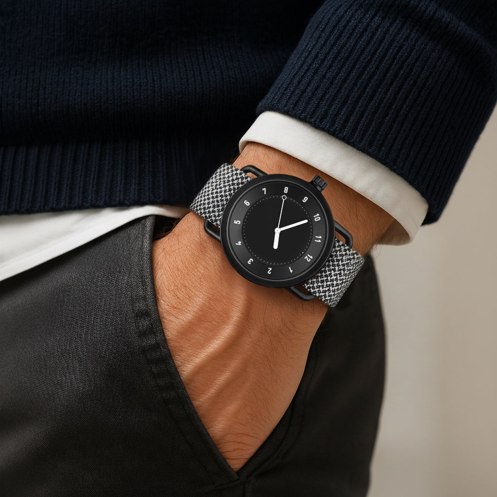 TID No.1 black dial minimalist watch worn with white shirt and dark suit