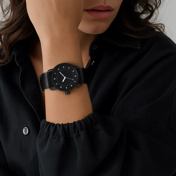 TID No.1 black dial minimalist women’s watch with black leather strap worn with black outfit