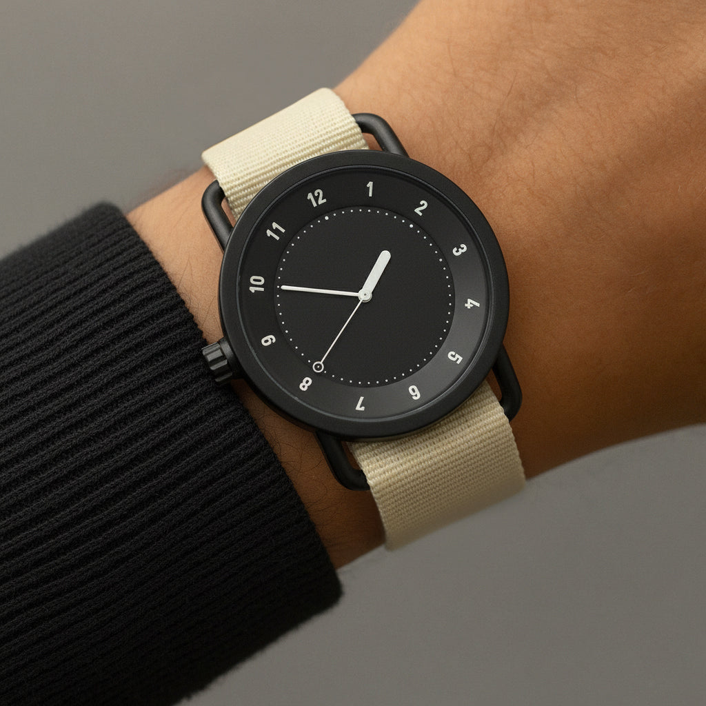 TID No.1 black dial watch worn with cream coat and black sweater