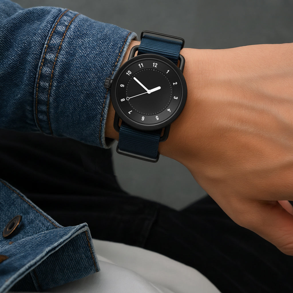 TID No.1 black dial watch worn with denim jeans for everyday style