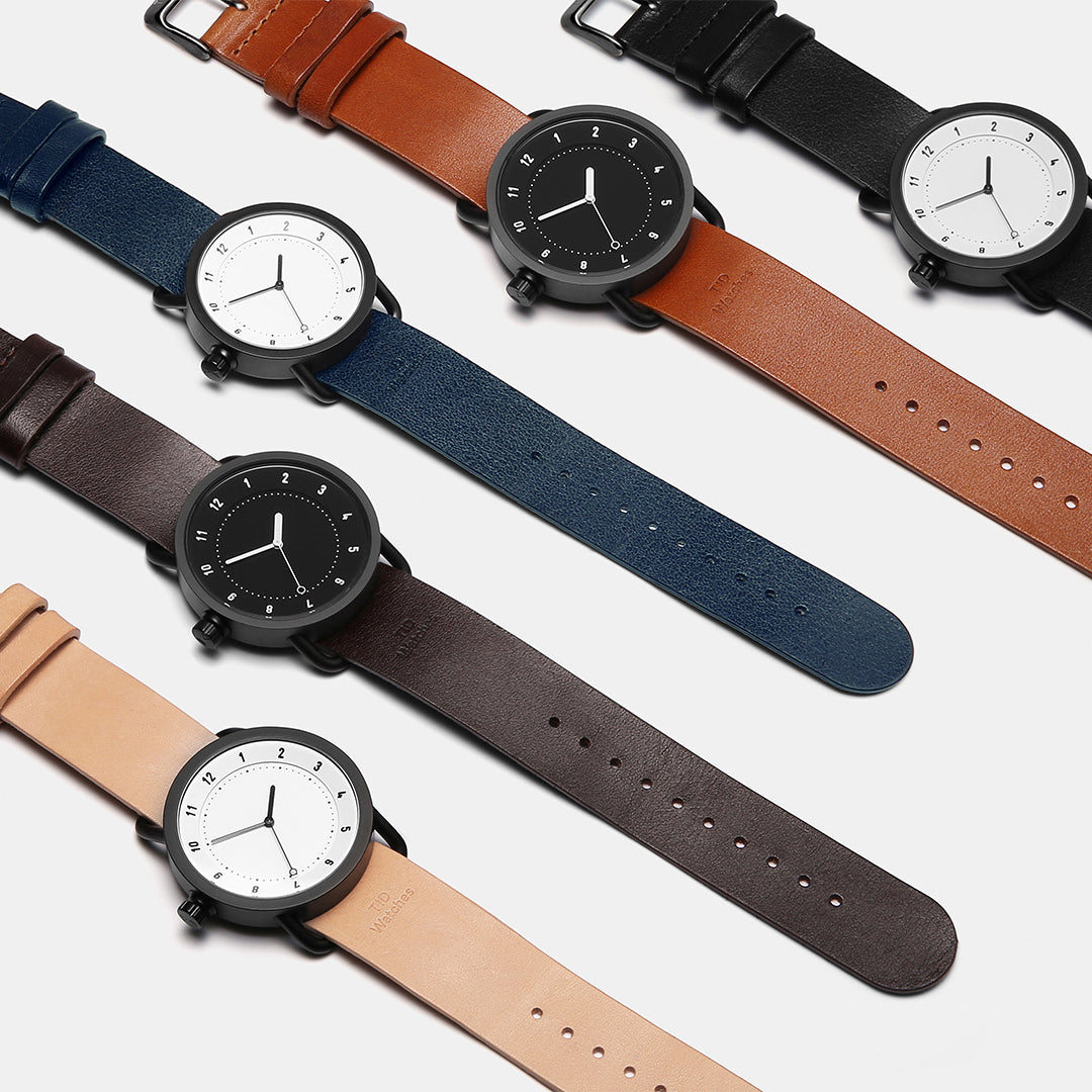 TID No.1 minimalist watches with interchangeable leather straps in multiple colors