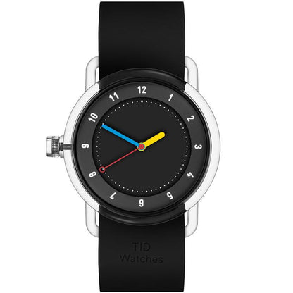 TID No.3 lightweight Swedish watch with transparent TR90 case, black silicone strap and colorful hands