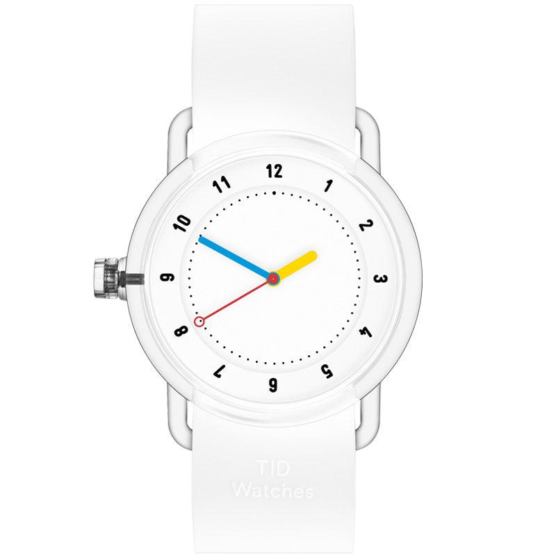 TID No.3 lightweight Swedish watch with white silicone strap, transparent TR90 case and colorful hands