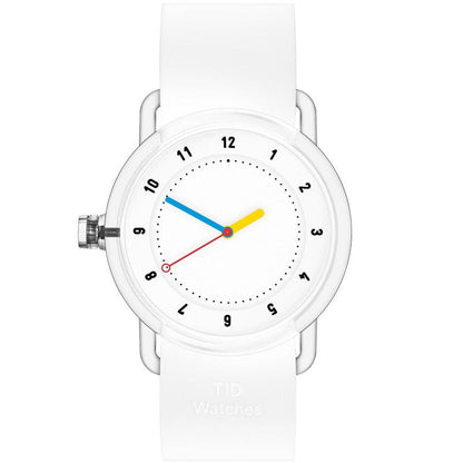 TID No.3 lightweight Swedish watch with white silicone strap, transparent TR90 case and colorful hands