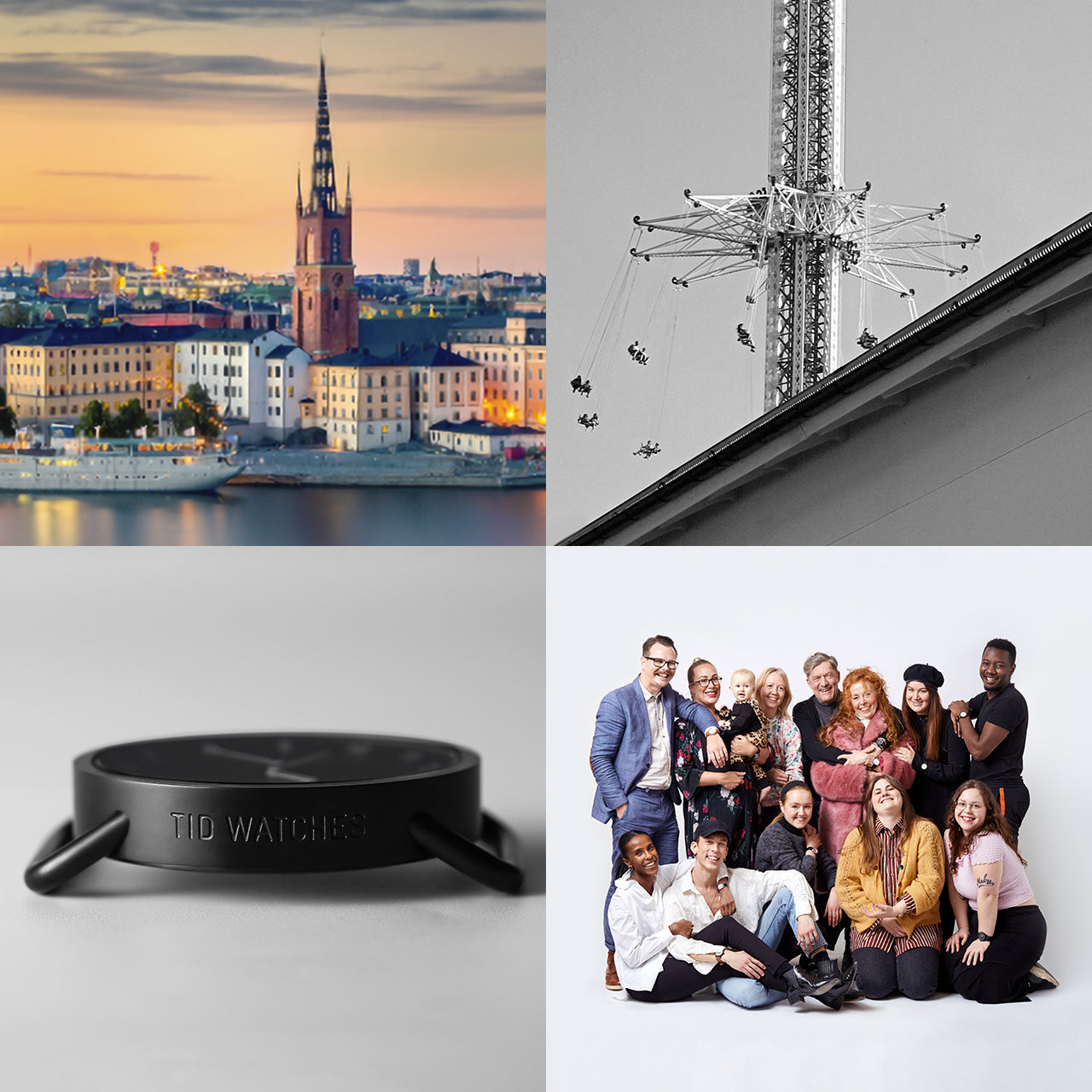 TID Watches brand story collage with Stockholm city view, amusement ride, TID watch detail and design team portrait